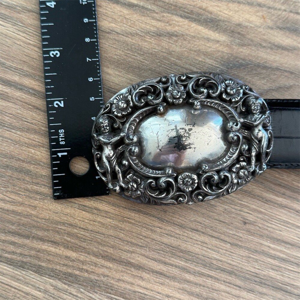 Brighton VTG 1995 Black Belt  Size M Black Croc Embossed Cherub Angel Buckle - Picture 7 of 11